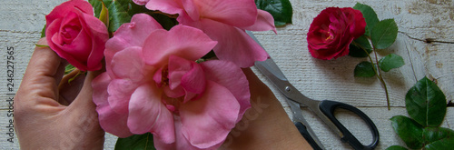 Top view of female decorator arranging roses on the wooden table, Concepts - fiorist, occupation, hobby, small business. photo