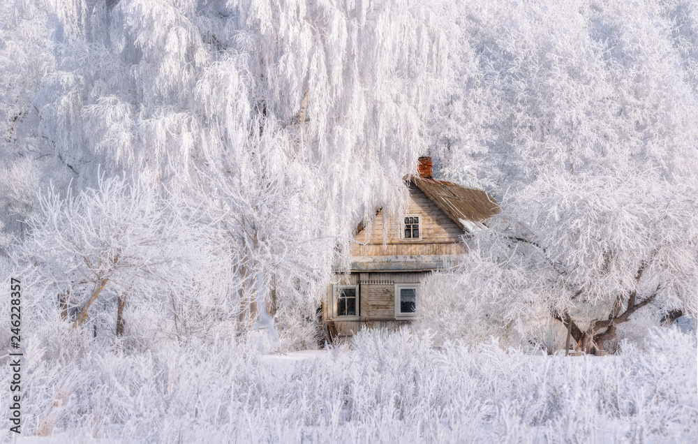 Retro Winter House.Christmas Landscape In Pink Tones With Old Fairy Tale House, Surrounded By Trees In Hoarfrost. Rural Landscape With Scenic Ancient Russian Old Wooden Hut. Pskov District, Russia