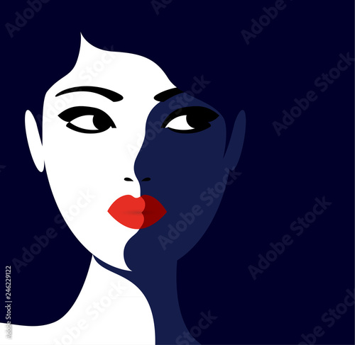 Young model woman with red lipstick  and dark blue background vector illustration poster.