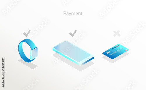 Isometric style vector illustration background template with preferred mobile phone and smart watch payment and no card payment.