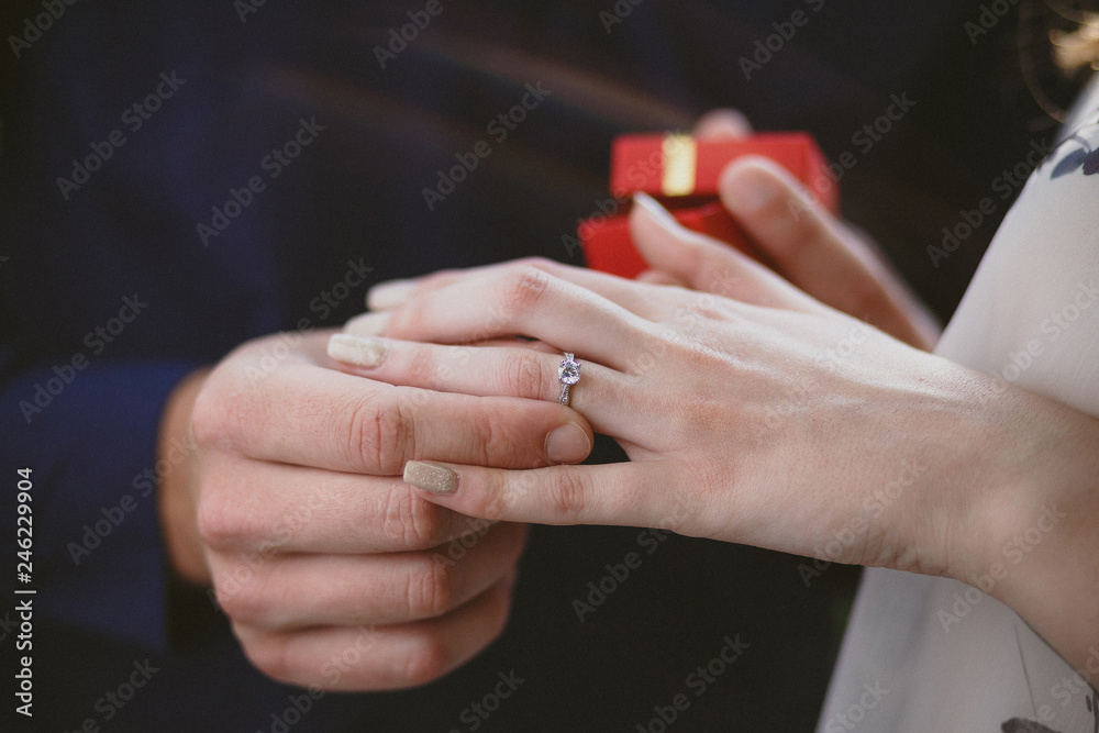 Closeup photo of groom putting ring on bride's finger