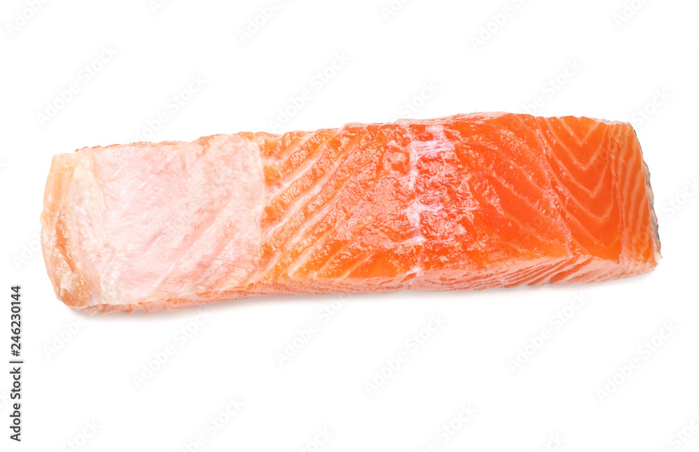 Red fish. Raw salmon fillet isolate on white background. Top view