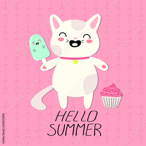 white cat cute character with the words hello summer on a pink background. sweets