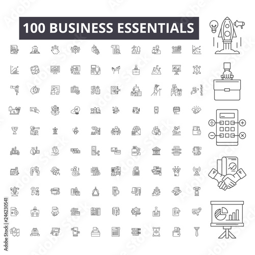 Business essentials editable line icons, 100 vector set on white background. Business essentials black outline illustrations, signs, symbols