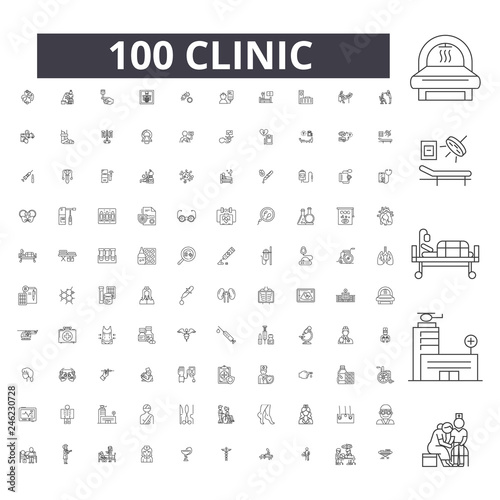 Clinic editable line icons, 100 vector set on white background. Clinic black outline illustrations, signs, symbols