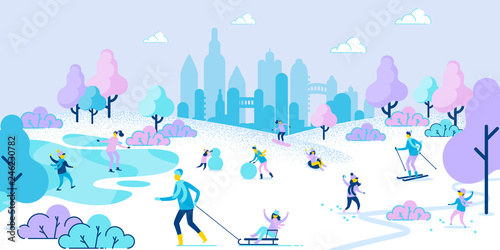 People Skiing Skating Sledding in Winter Park.