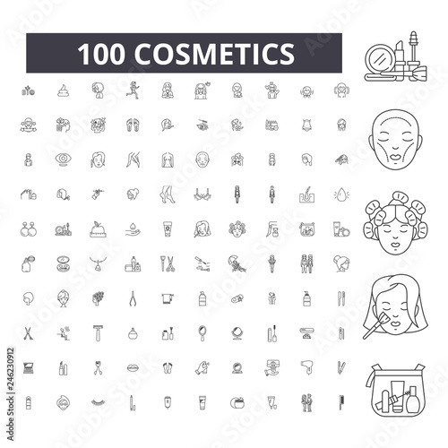 Cosmetics editable line icons, 100 vector set on white background. Cosmetics black outline illustrations, signs, symbols