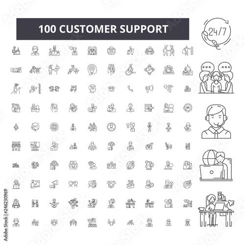 Customer support editable line icons, 100 vector set on white background. Customer support black outline illustrations, signs, symbols
