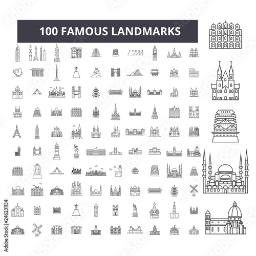 Photo Famous landmarks editable line icons, 100 vector set on white background