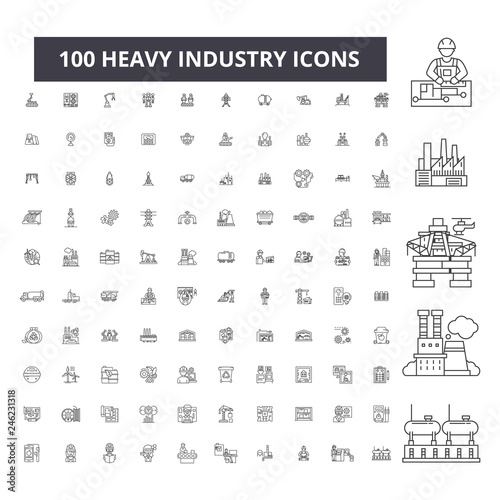 Heavy industry editable line icons, 100 vector set on white background. Heavy industry black outline illustrations, signs, symbols