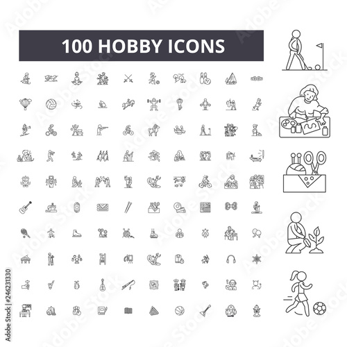 Hobby editable line icons, 100 vector set on white background. Hobby black outline illustrations, signs, symbols
