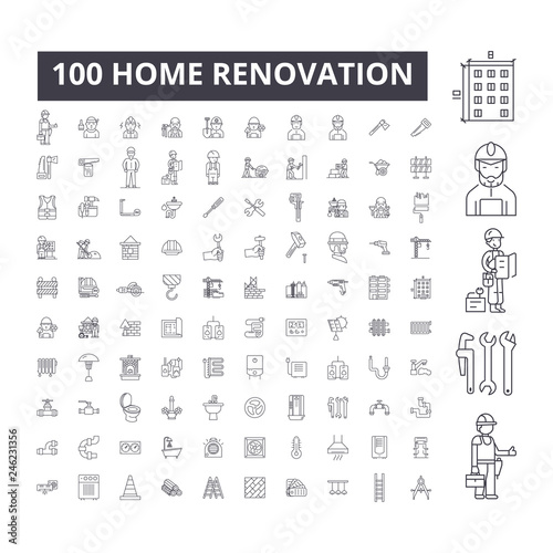 Home renovation editable line icons, 100 vector set on white background. Home renovation black outline illustrations, signs, symbols