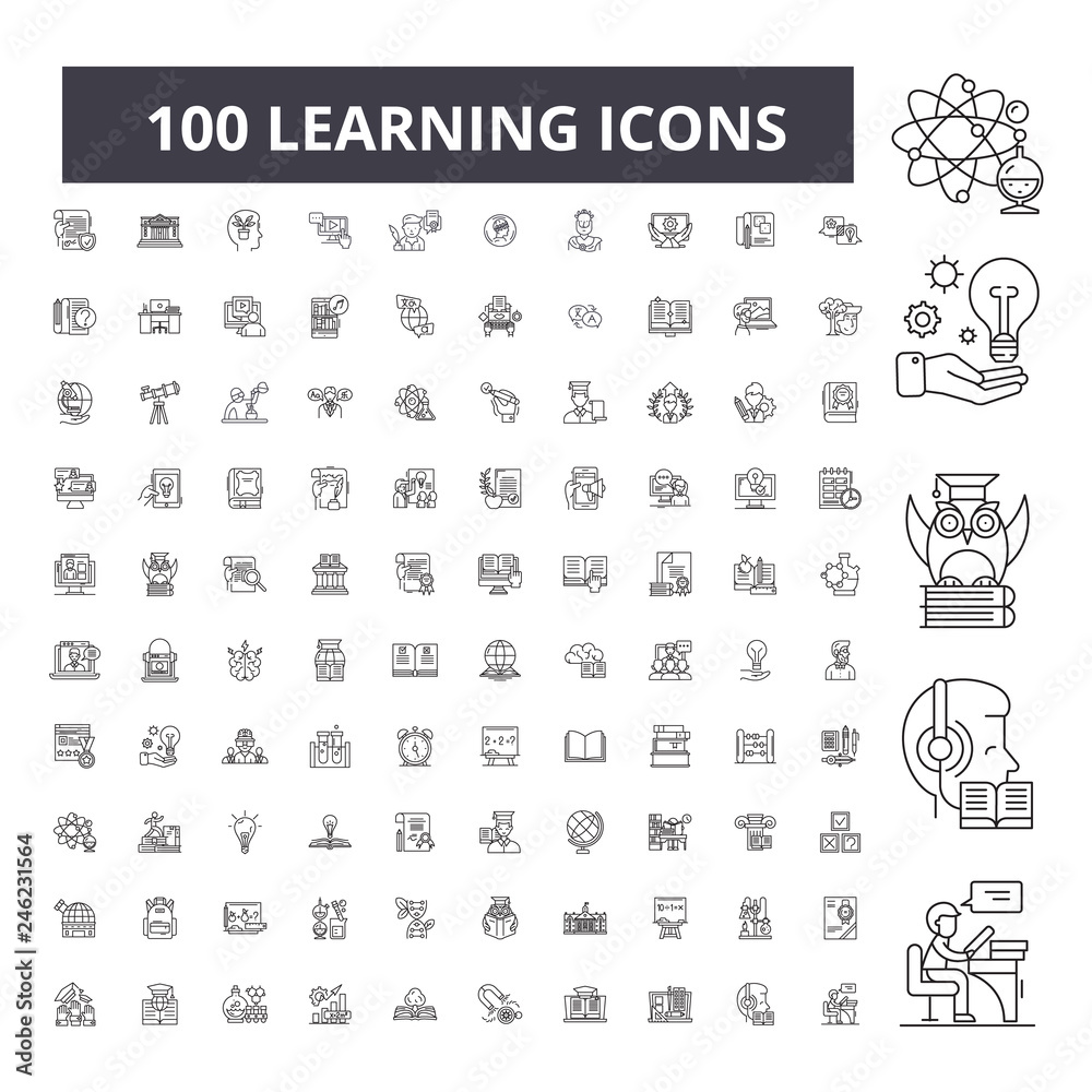 Line Icons Learning Learning editable line icons, 100 vector set on white background ...