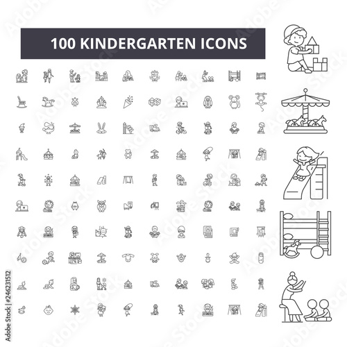 Kindergarten editable line icons, 100 vector set on white background. Kindergarten black outline illustrations, signs, symbols