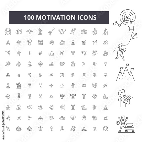 Motivation editable line icons, 100 vector set on white background. Motivation black outline illustrations, signs, symbols