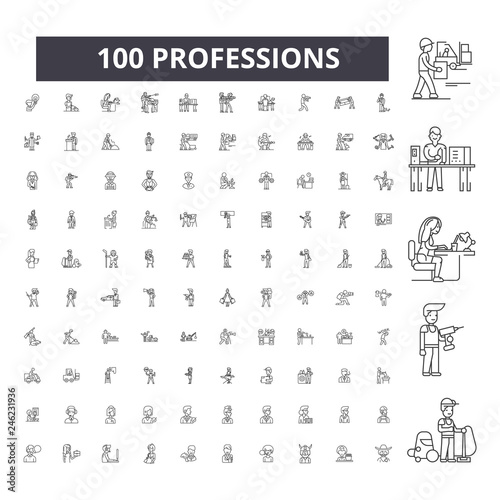 Professions editable line icons, 100 vector set on white background. Professions black outline illustrations, signs, symbols