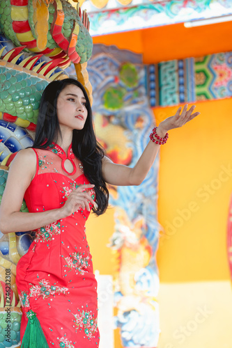 beauty woman and hold shopping bags in chinese new year