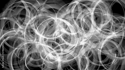 Abstract background made of set of overlapping each other white circles rings on black.