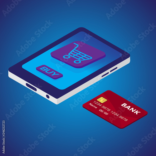 Isometric smart phone and credit card for online shopping. Vector.