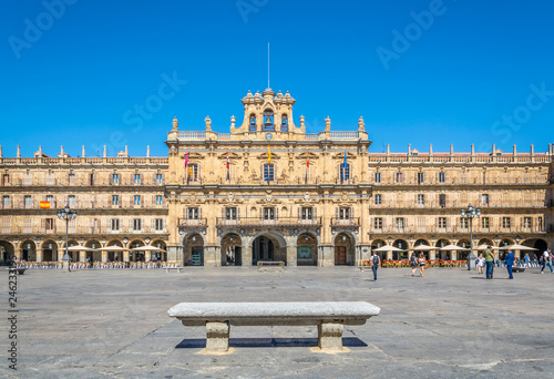 People are strolling through Plaza Mayor at Salamanca, Spain