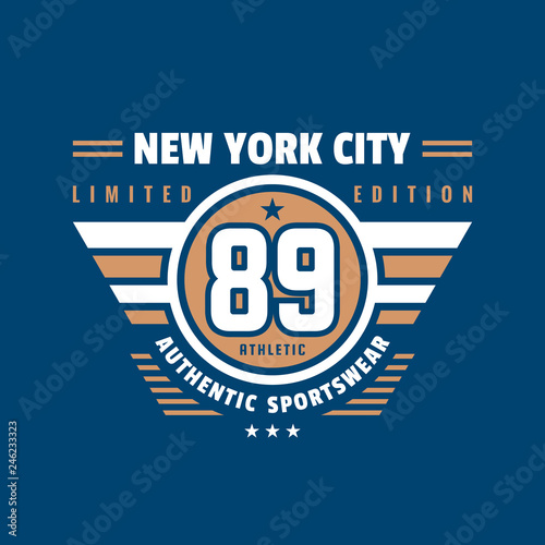 89 number New York City - typography vintage logo for t-shirt. Retro artwork badge for outfit print of two colors. Vector illustration. Authentic sportswear. Limited editon. Graphic design element.