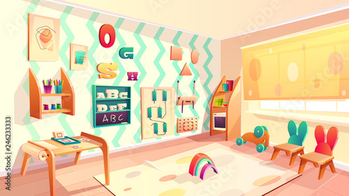 Vector montessori room, elementary school background with furniture. Kindergarten for infants, daycare for kids. Primary education in drawing, games and activity. Preschool classroom with chalkboard.