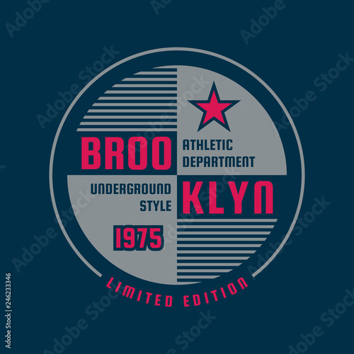 Brooklyn New York City - typography vintage logo for t-shirt. Retro artwork badge for outfit print of two colors. Vector illustration. Underground style. Athletic department. Graphic design element.