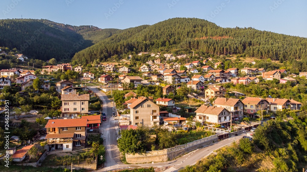 aerial picture with dron of a small village close to sofia, Bulgaria