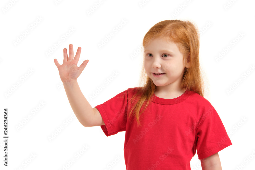 A little girl shows gesture - five fingers, isolated on white background A little girl shows gesture - five fingers, isolated on white background