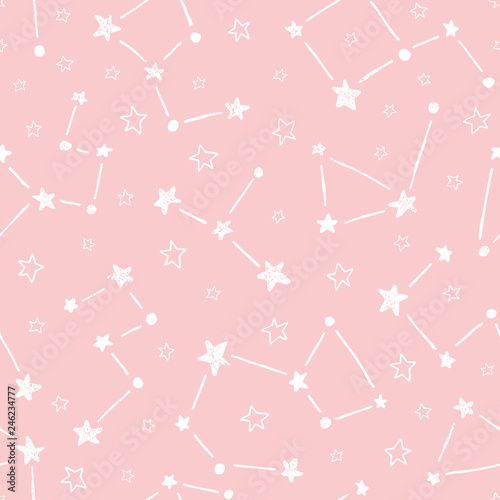 Hand drawn doodle constellations on pink background vector seamless pattern. Cute stars baby print