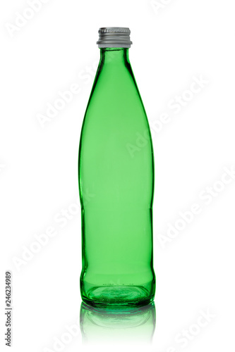 empty bottle from green glass with a metal stopper isolated on a white background