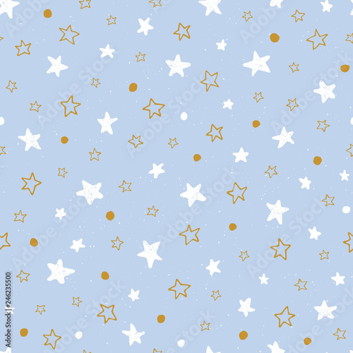 Hand drawn doodle stars on sky blue background vector seamless pattern. Cute baby print