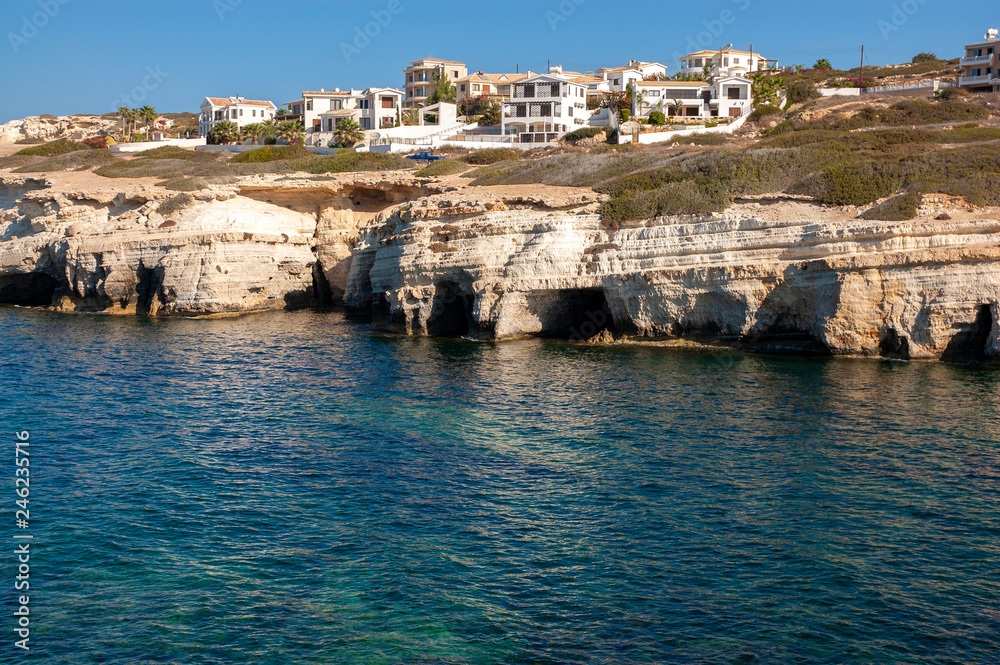 View to Sea Caves and Peyia village, Paphos, Cyprus