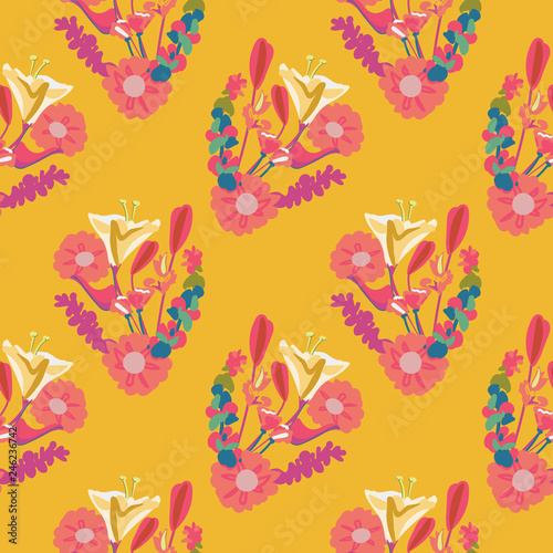 Colorful flowers in the vibrant colors of Mexico create this pretty and dynamic seamless repeat pattern. Perfect for spring and summer occasions  textiles  gift wrapping paper and home decor use.