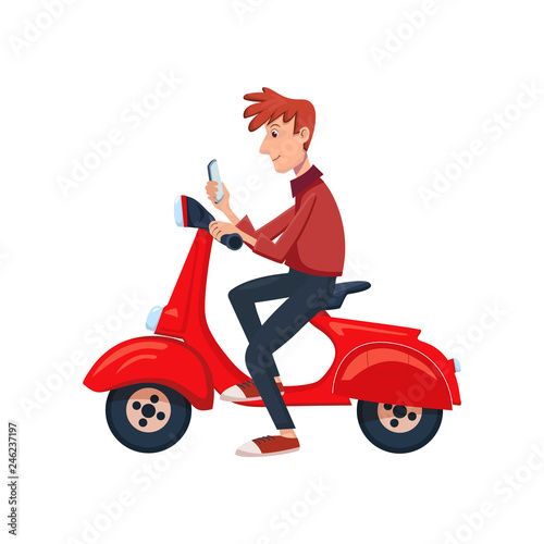 Young man sitting on a scooter and see the phone. Isolated cartoon vector illustration
