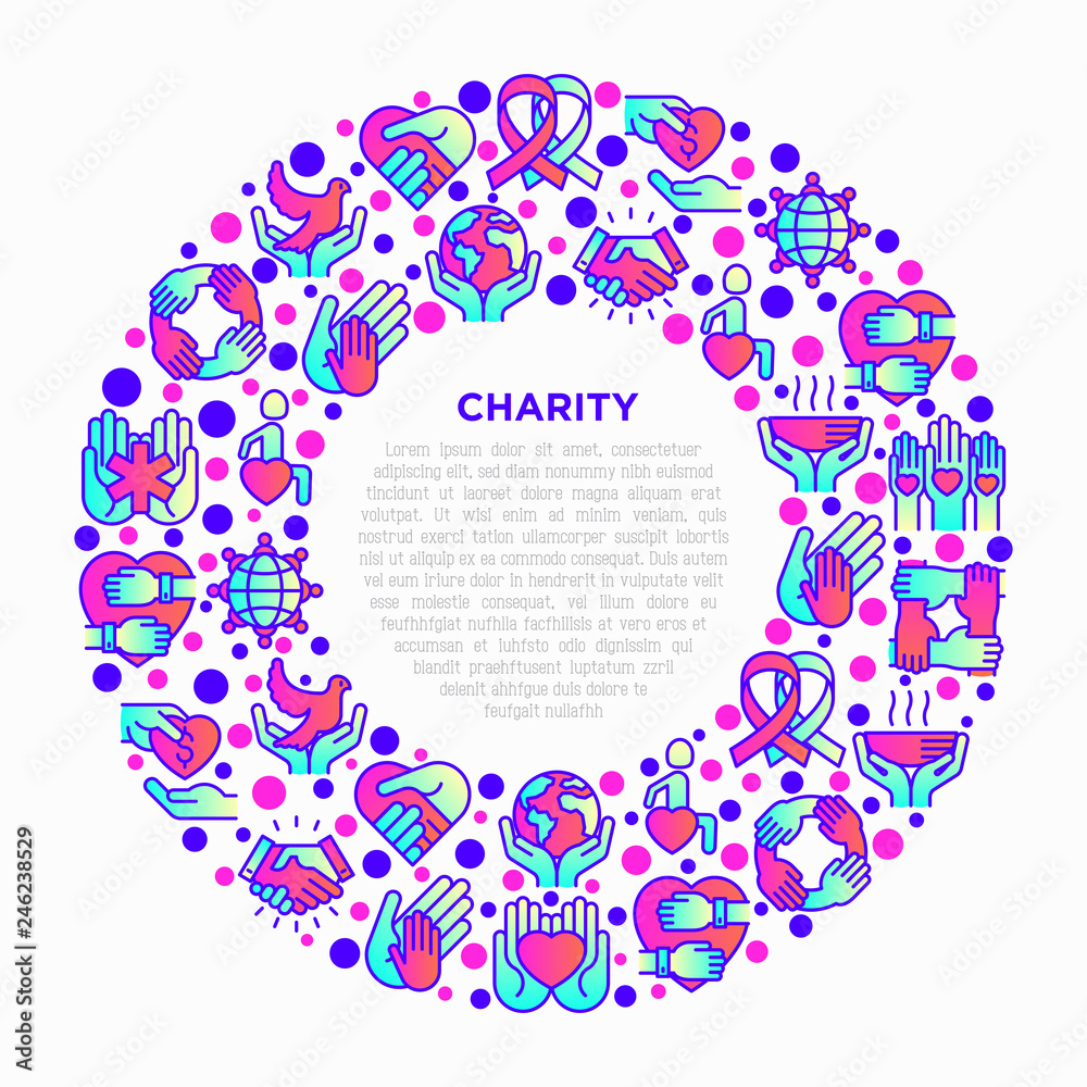 Charity concept in circle with thin line icons: donation, save world, reunion, humanitarian aid, ribbon, medical support, disabled people, life saving. Vector illustration, print media template.