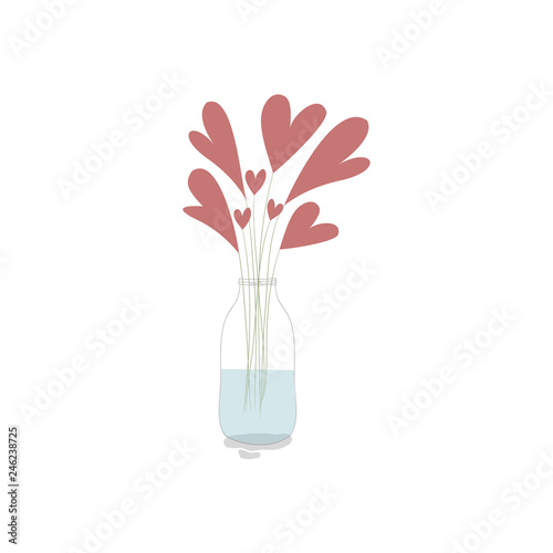 Vector illustration with cute red hearts and branches in the jar with water on white background. Romantic hand drawn illustration perfect for cards, poster, scrapbooking or banners. Vector. Eps10