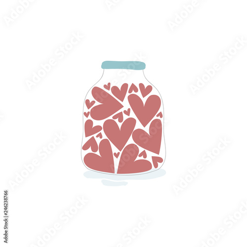 Vector illustration with cute red hearts  in the jar on white background. Romantic hand drawn illustration perfect for cards, poster, scrapbooking or banners. Vector. Eps10