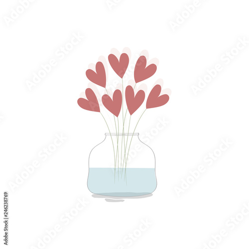 Vector illustration with cute red hearts and branches in the jar with water on white background. Romantic hand drawn illustration perfect for cards, poster, scrapbooking or banners. Vector. Eps10