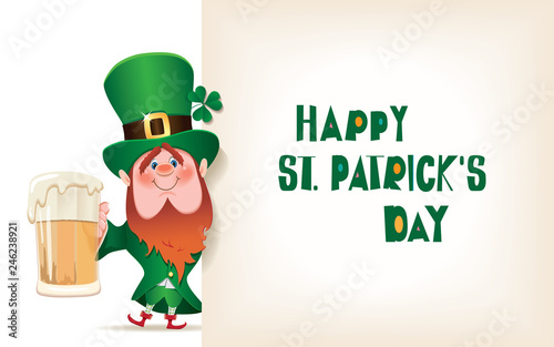 The Leprechaun is toasted with beer mug next to textual signboard with message Happy St. Patrick's Day.
