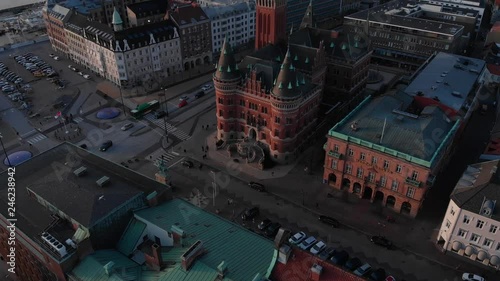 Aerial view of central Helsingborg, Sweden at sunset. Moving forwards over stor torget towards r√•dhuset. photo