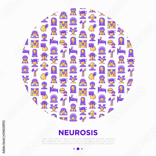 Neurosis concept in circle with thin line icon: panic attack, headache, fatigue, insomnia, despair, phobia, mood instability, stuttering, psychalgia. Vector illustration, print media template. photo