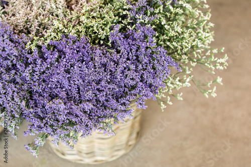 In a wicker basket limonium gmelinii, statice or sea lavender flowers in lavender-blue and white colors in the garden shop. photo