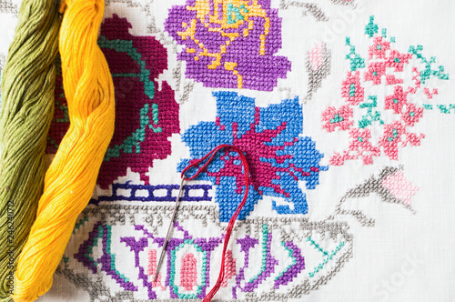 Women hobby - cross-stitch, thread embroidery, different threads. © viacheslav