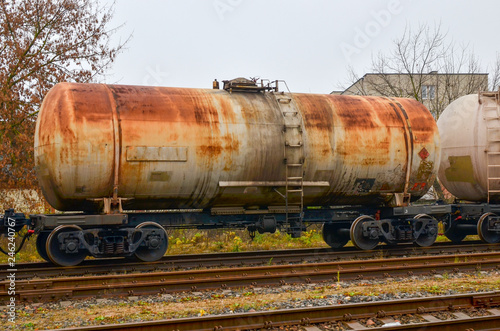 Railway tanks, transportation of oil, gasoline, oil or gas by rail. Logistics of transportation of goods by train by rail