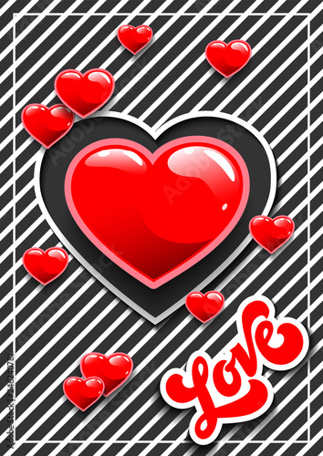 Poster for Valentine's Day or weddings with hearts.  Stickers  for a party. Lettering.  Hand drawn inscription. Greeting card. Paper cut background. Vector  template