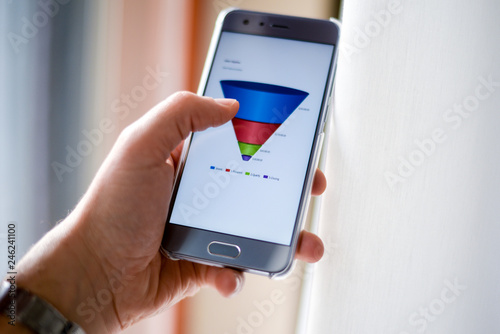 Male hand holding a smartphone showing a marketing sales funnel