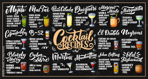 Lettering set of cocktails recipes. Template for card banner and poster for bar menu and restaurant