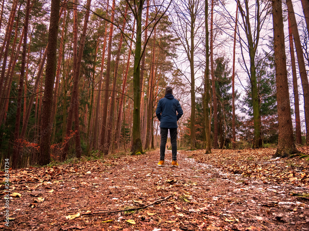 Boy alone at Forest Winter road with thin layer of snow but ice cold Boy alone at Forest Winter road with thin layer of snow but ice cold