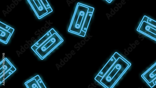 Seamless pattern, texture of beautiful abstract neon bright blue glowing old retro vintage hipster music audio cassettes from the 80s, 90s and copy space on a black background. Vector
